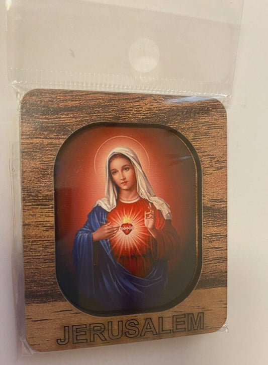 Wood magnet featuring the Sacred Heart of Jesus, a Christian religious collectible by Journeys of Faith from Jerusalem.