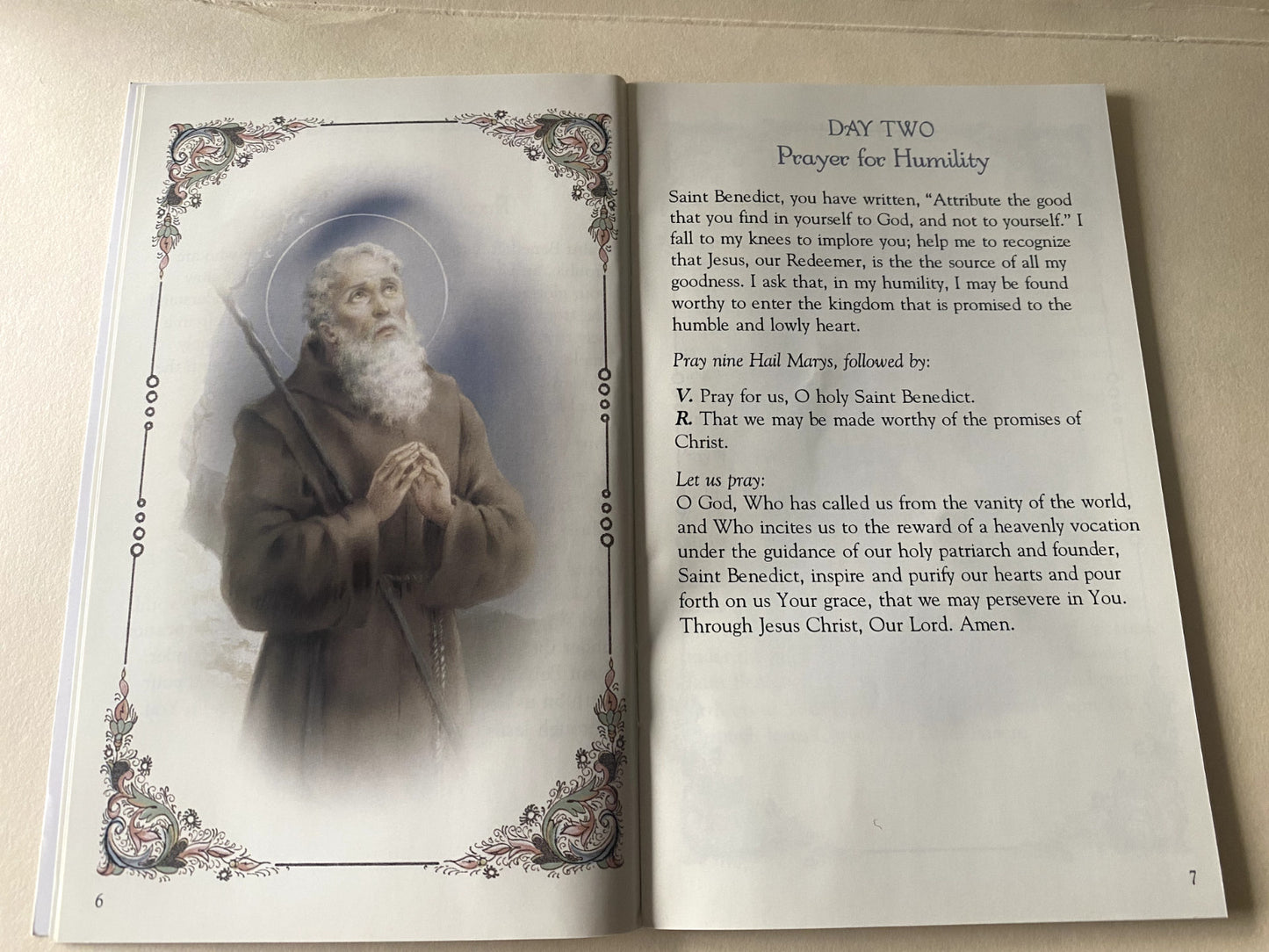 Saint Benedict Novena holy card by Bob and Penny Lord, featuring religious imagery and Christian spirituality design.