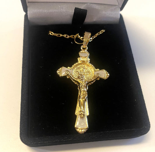 St Benedict 2.00" Crucifix, Brazilian Gold Plated 20" Necklace, New, Gftshp-16 - Journeys of Faith