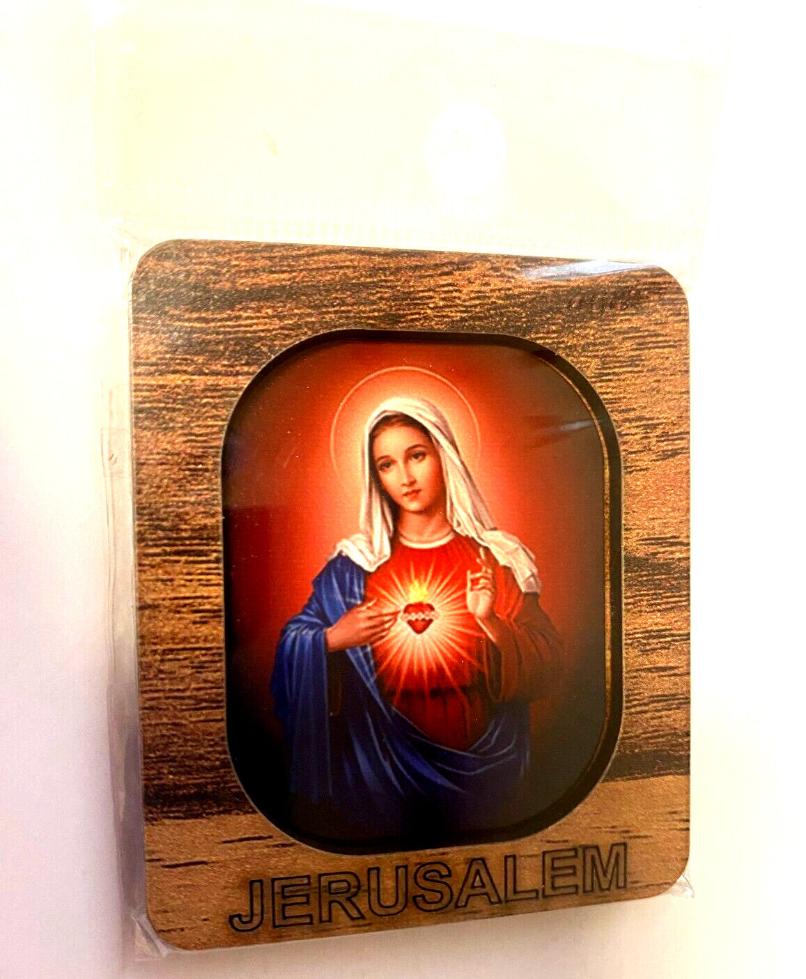 Wood magnet featuring the Immaculate Heart of Mary, a Christian religious collectible from Journeys of Faith, with detailed design.