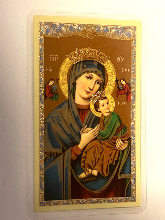Laminated Our Lady of Perpetual Prayer card by Bob and Penny Lord showing religious artwork and prayer details.