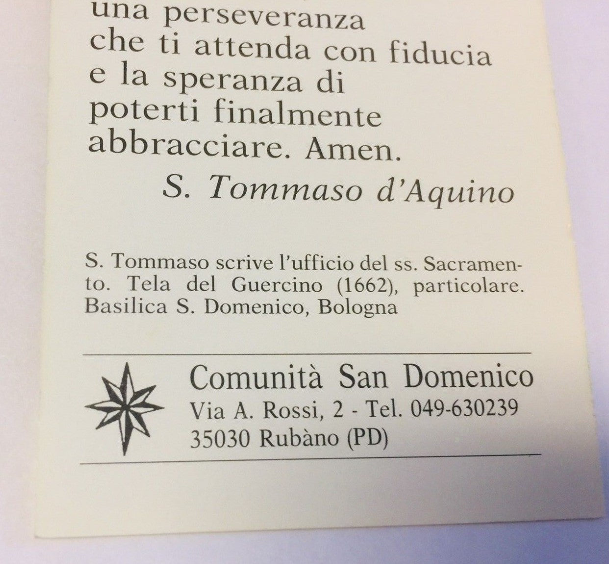 Saint Thomas Aquinas prayer bookmark from Bob and Penny Lord, featuring Italian prayer card with religious imagery and Christian symbolism.