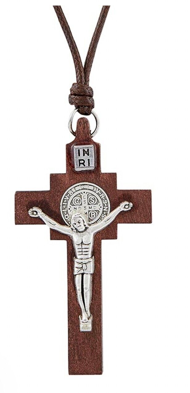 Saint Benedict Wood 2.5" Crucifix on Cord Necklace, New #MD-073