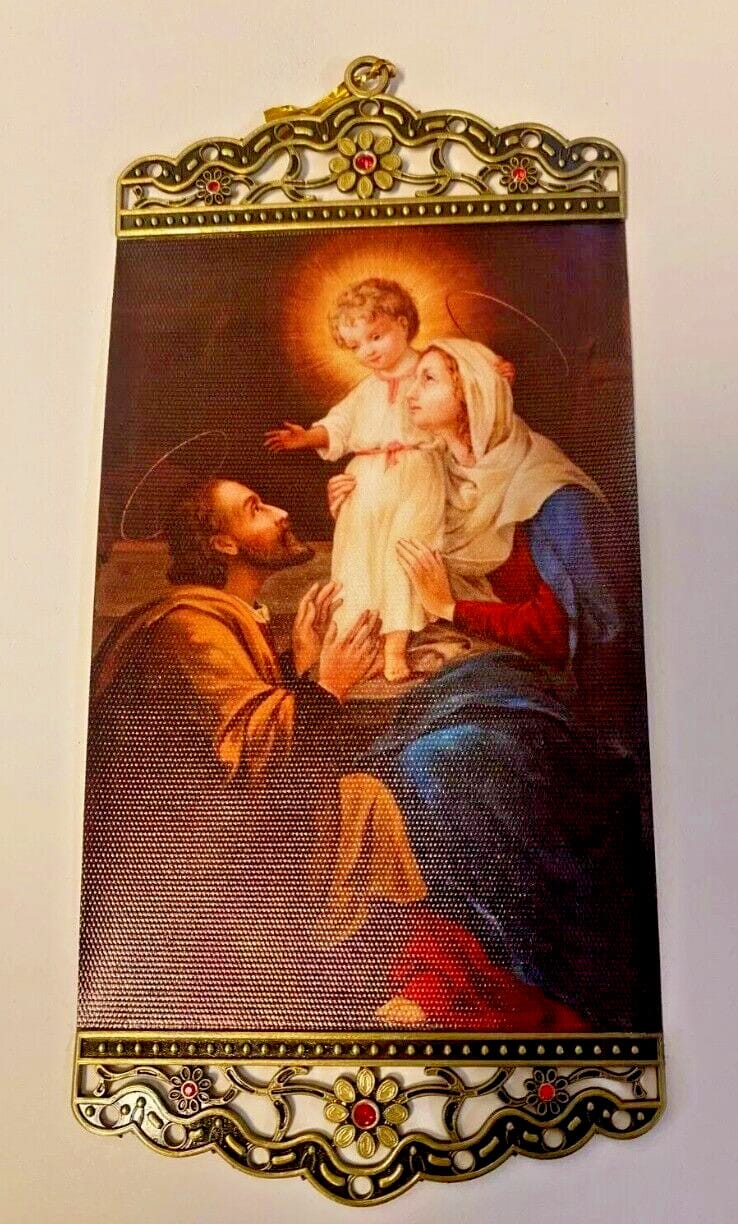 Small canvas of the Holy Family icon by Bob and Penny Lord Journeys of Faith, depicting Mary, Joseph, and baby Jesus in a religious scene.