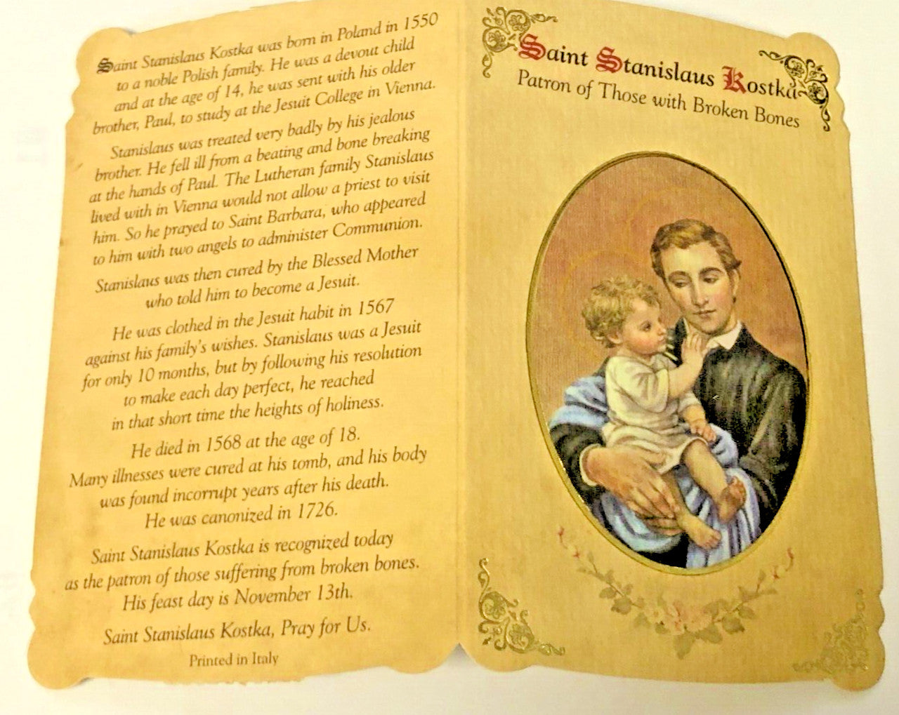 Saint Stanislaus Kostkas(Patron of Broken Bones) Prayer Card+Medal, New #PCM-028