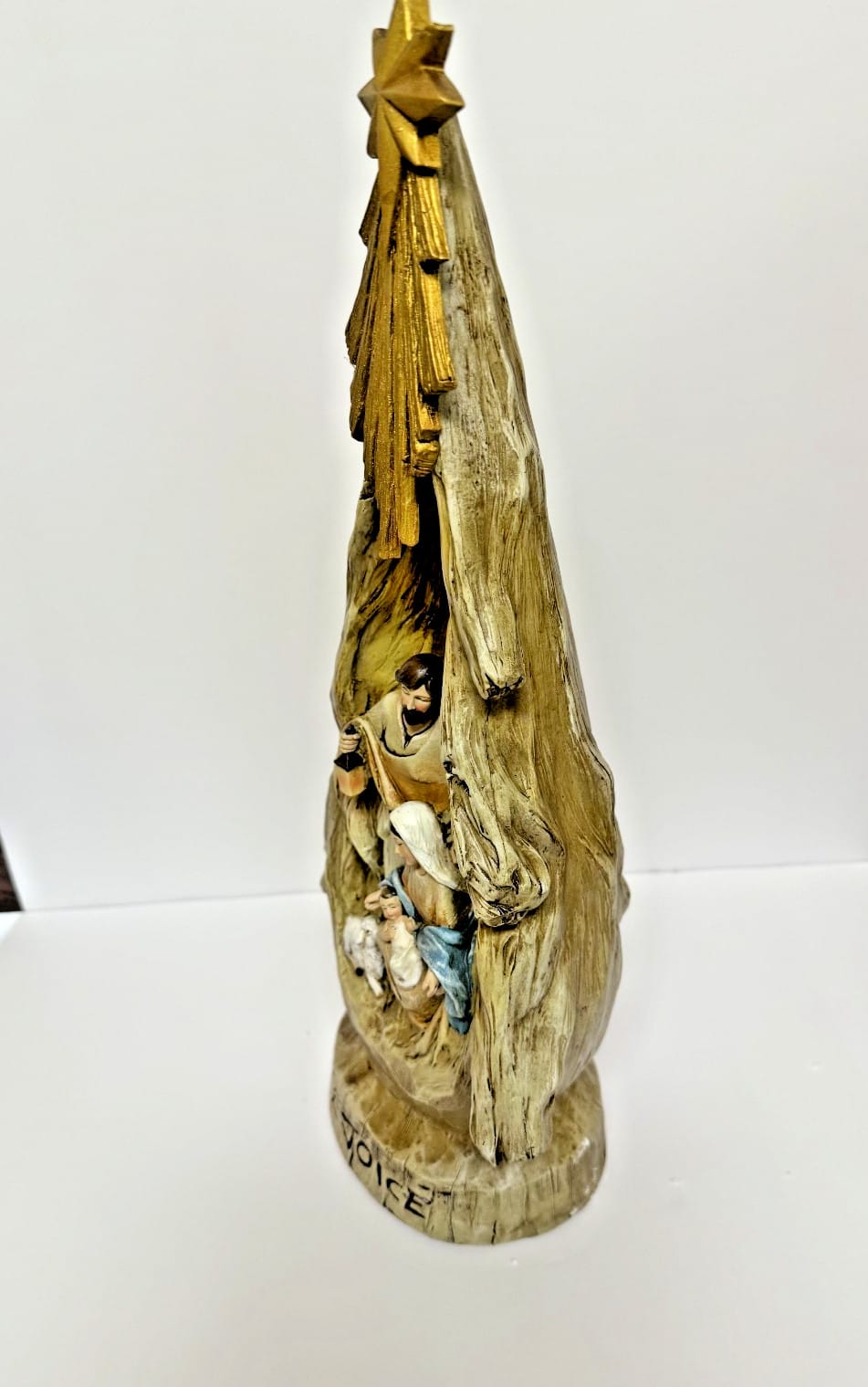 Decorative 16.5-inch Nativity Tree "Rejoice" collectible with colorful figures, celebrating holiday and seasonal nativity scenes.