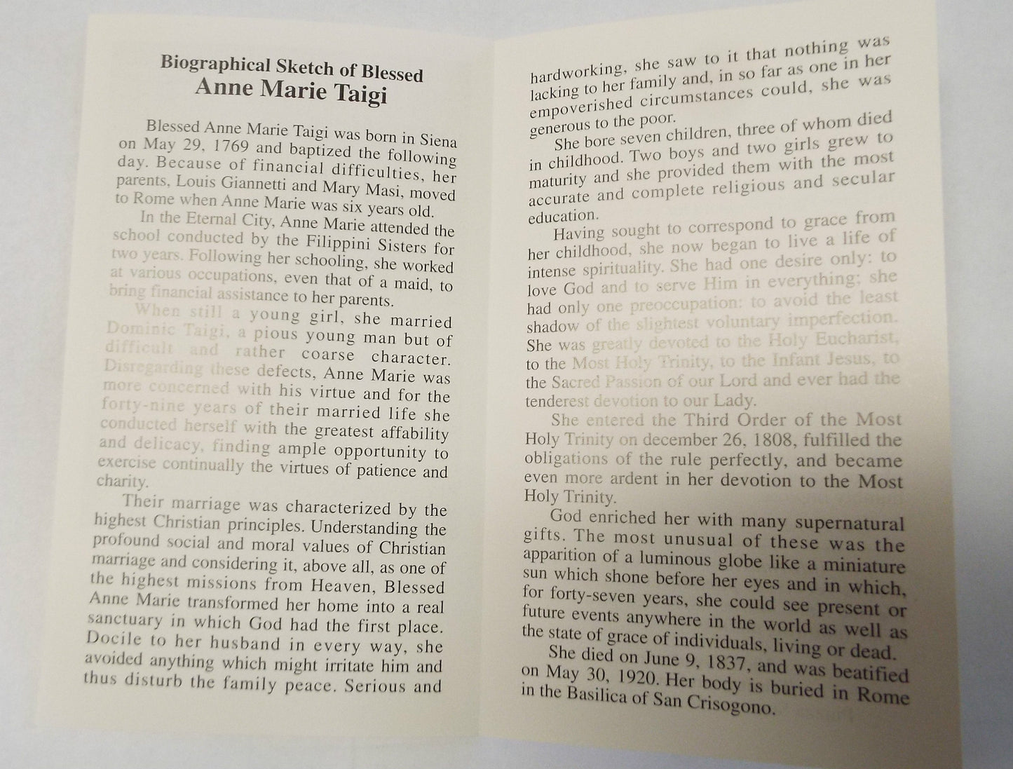 Blessed Anne Marie Taigi Triduum prayer and biography folder, Christian Holy Card collectible by Bob and Penny Lord, features religious imagery.
