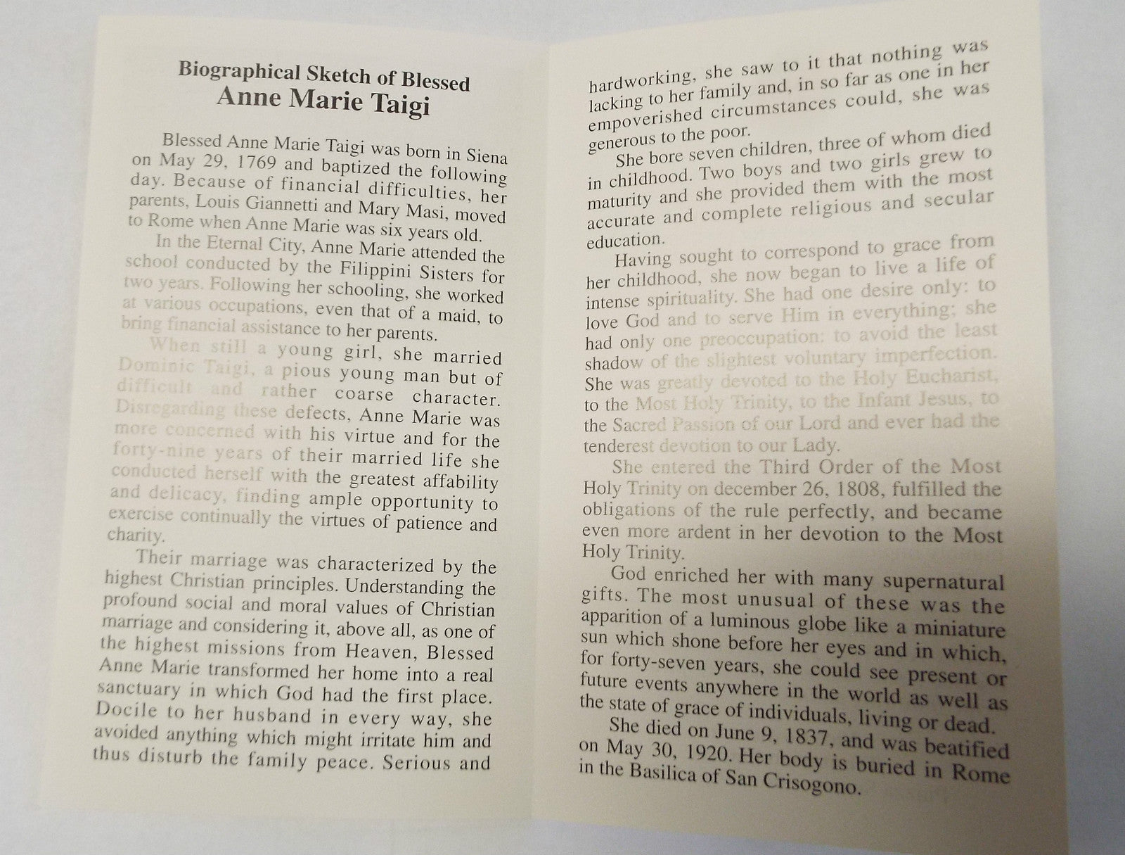 Blessed Anne Marie Taigi Triduum prayer and biography folder, Christian Holy Card collectible by Bob and Penny Lord, features religious imagery.