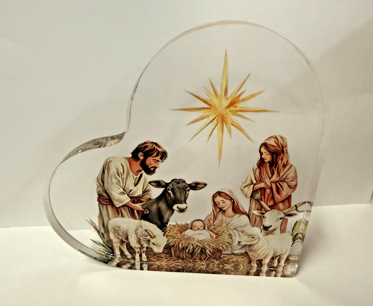 Nativity Scene Small Heart Acrylic Image, New #Gftshp-241