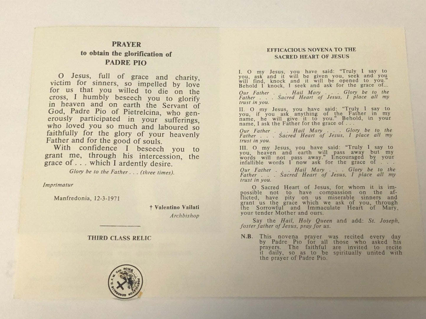 Padre Pio Prayer & Efficacious Novena Folder + 3rd Class Relic, New From Italy - Journeys of Faith