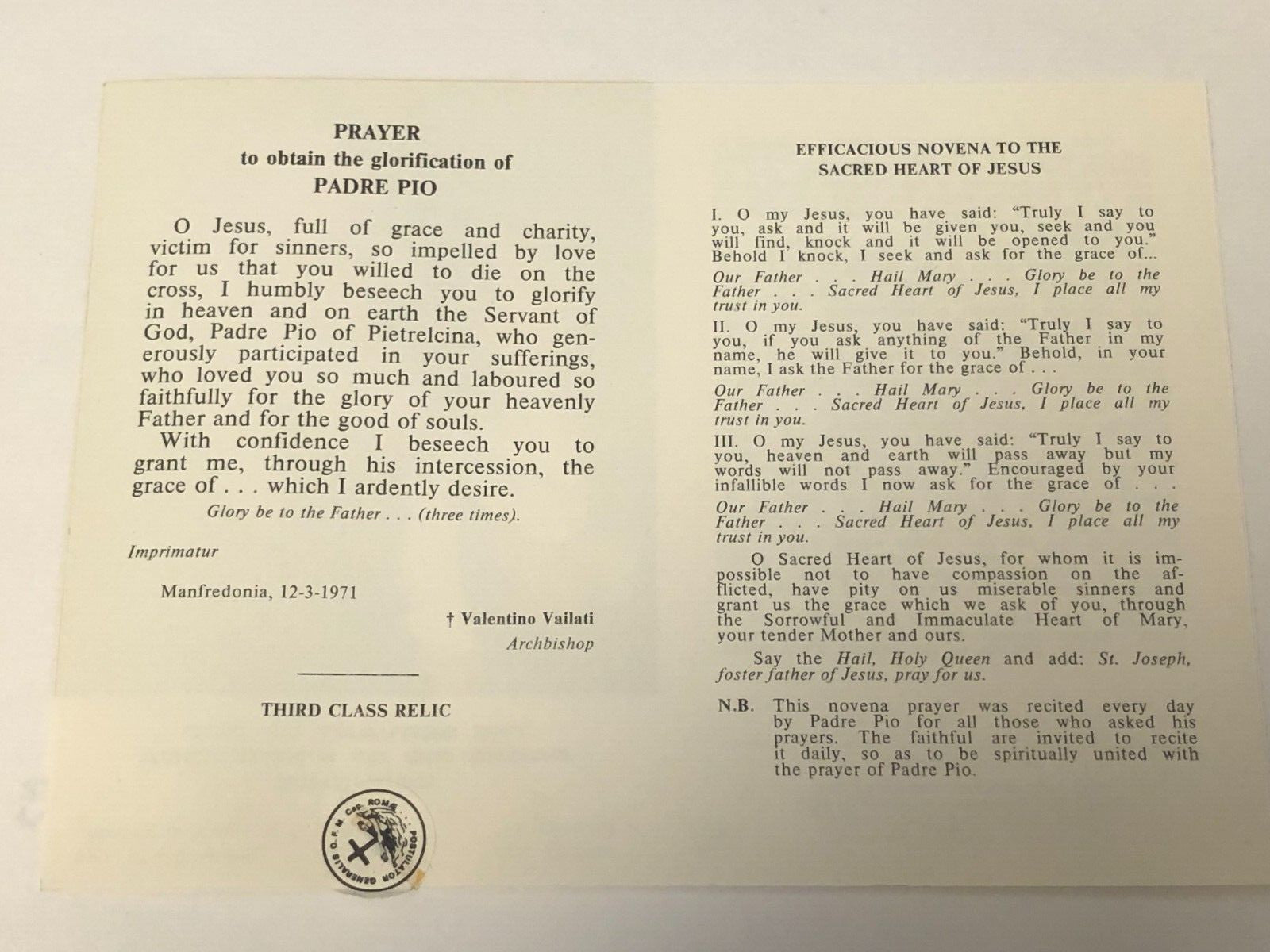 Padre Pio Prayer & Efficacious Novena Folder + 3rd Class Relic, New From Italy - Journeys of Faith