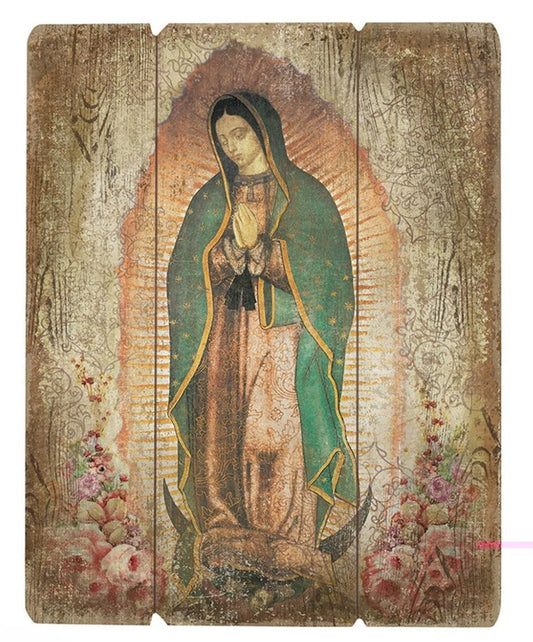 Our Lady of Guadalupe image on wood pallet plaque by Journeys of Faith, religious Christian collectible plaque with detailed artwork.