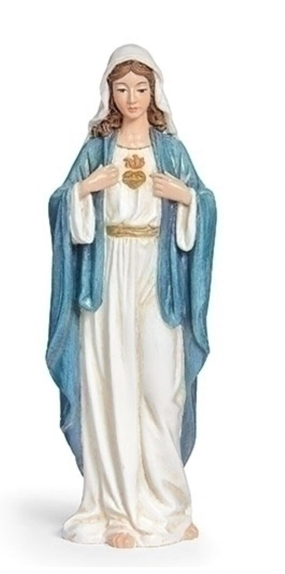Small 4.25-inch Immaculate Heart of Mary statue by Bob and Penny Lord with prayer card and biography, perfect for religious collectibles.