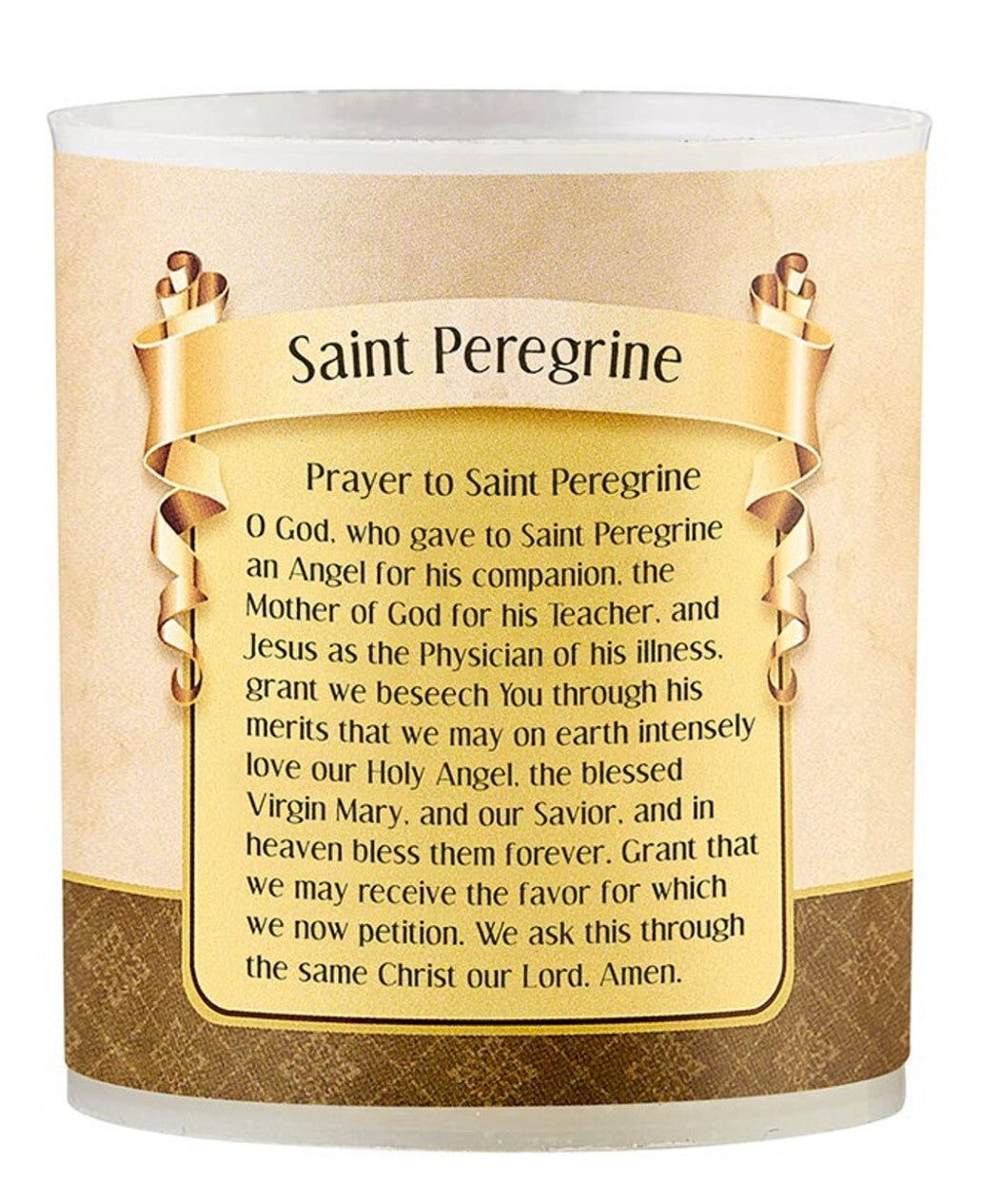 Small votive candle featuring Saint Peregrine, the Cancer Saint, with religious imagery, from Bob and Penny Lord's Christian holy card collection.