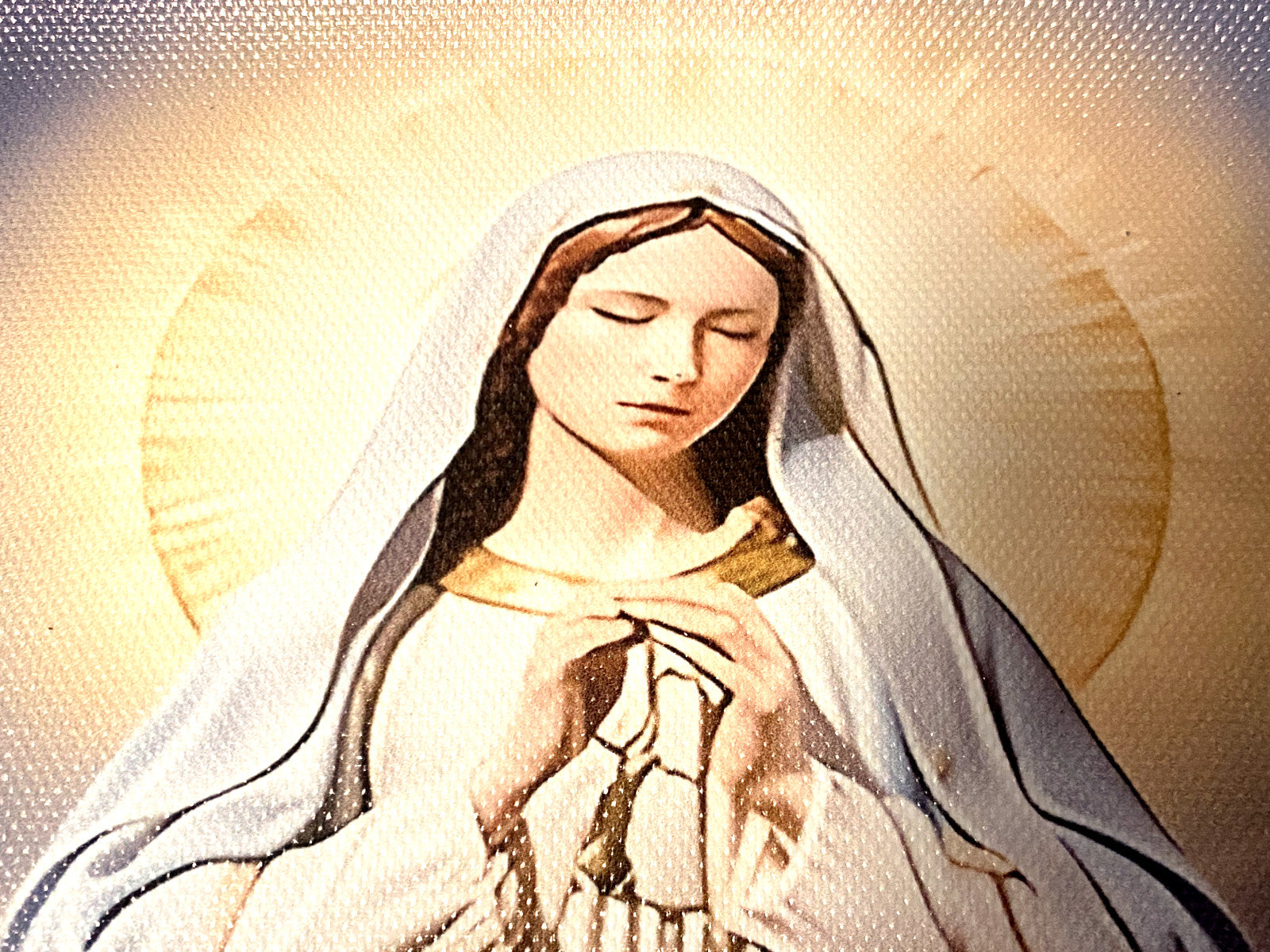 Unframed 10x8 inch Blessed Virgin Mary canvas painting by Bob and Penny Lord, featuring a detailed religious artwork.