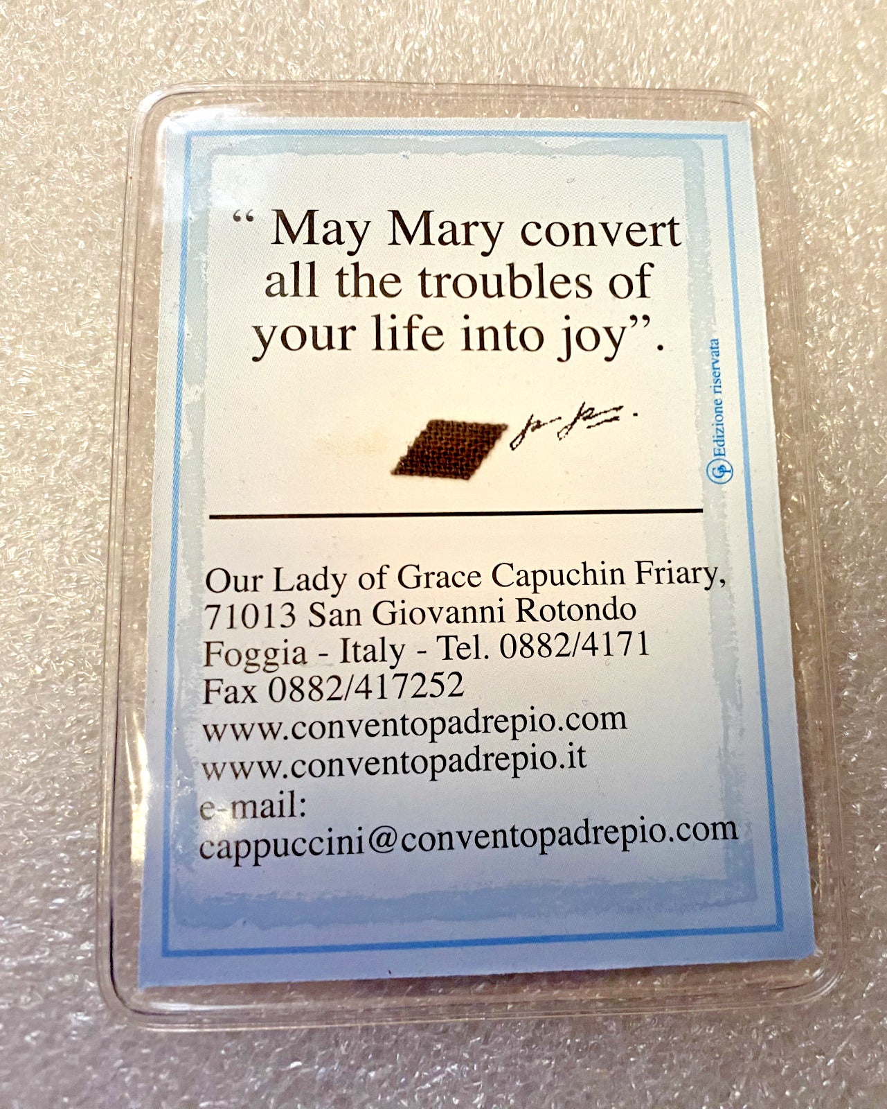 Padre Pio 3rd Class Relic, Vinyl Encase,  New From Italy #GFTSHP - Bob and Penny Lord