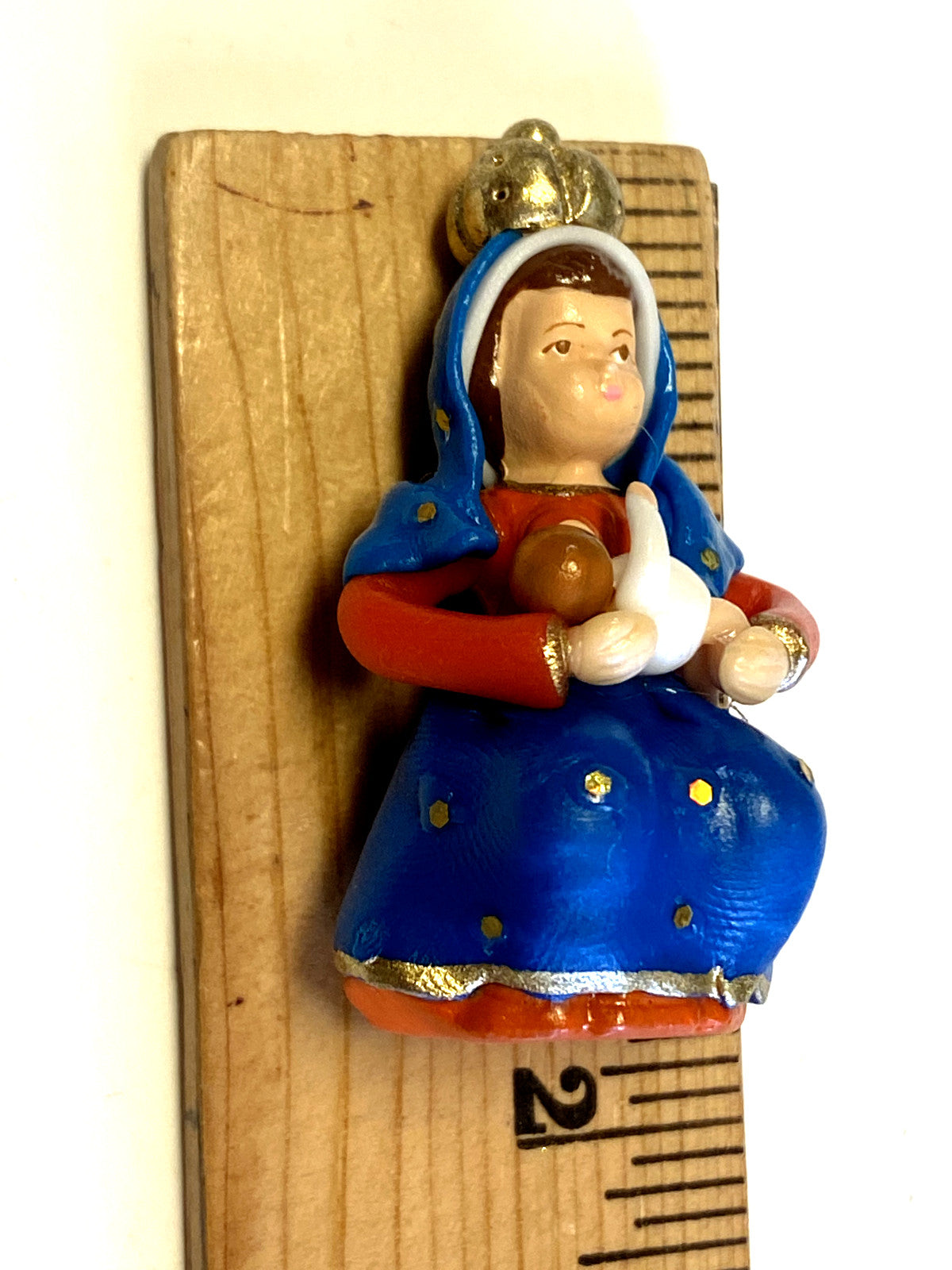 Miniature Our Lady of the Milk statue, 1.78 inches tall, religious collectible depicting the Virgin Mary, from Colombia by Bob and Penny Lord