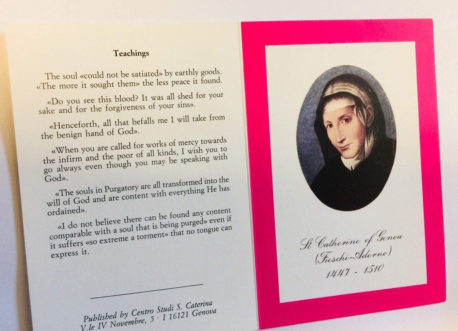 Saint Catherine of Genoa prayer and teachings folder from Italy, featuring religious artwork and spiritual content by Bob and Penny Lord.