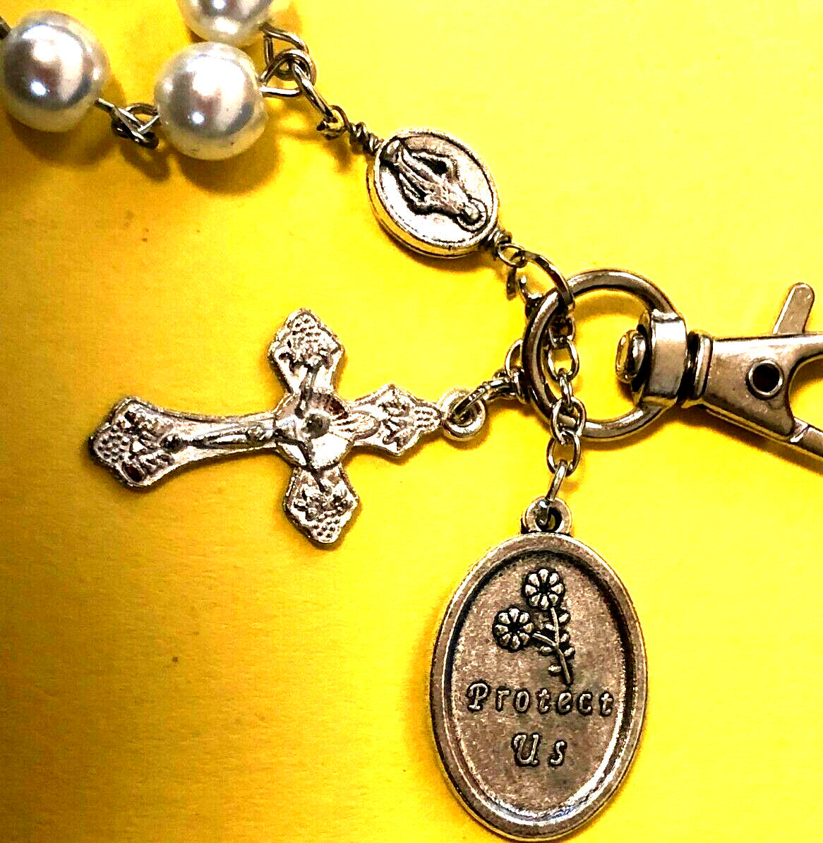 Saint Christopher Faux Pearls 1 decade Rosary Clip + Prayer Card, New ,#MD-047 - Journeys of Faith