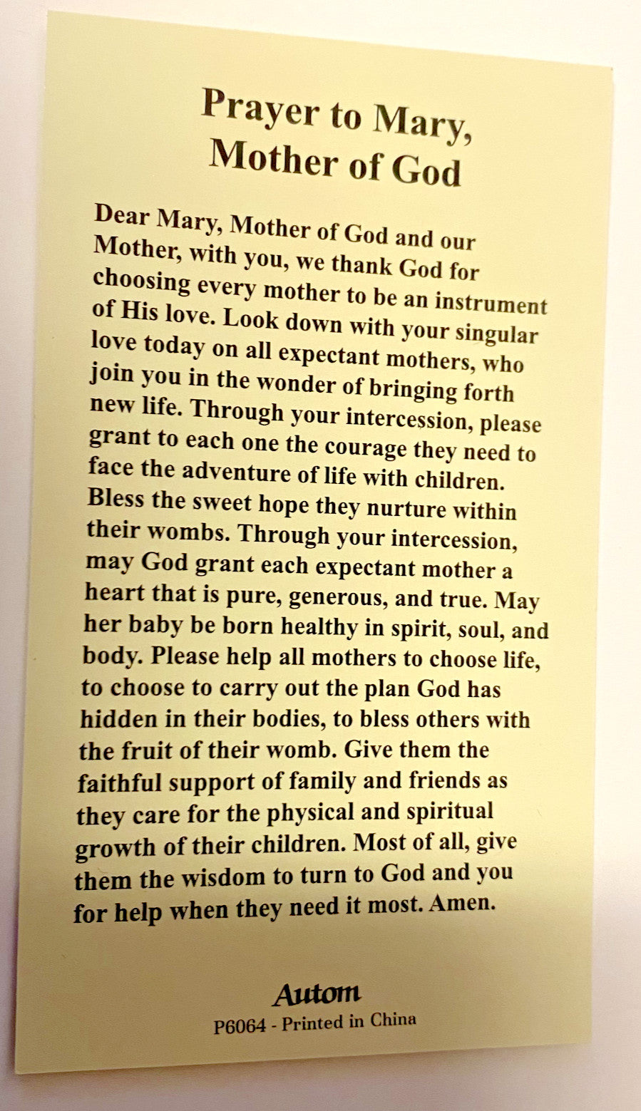 Prayer card featuring "Prayer to Mary, Mother of God" with religious imagery, from Bob and Penny Lord Journeys of Faith collection.