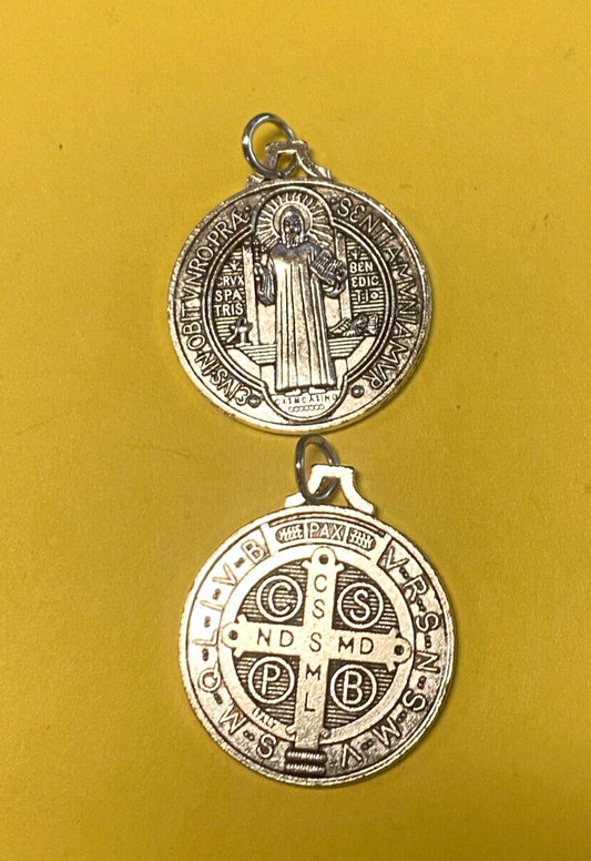 Large silver-tone Saint Benedict medal, 1.25-inch diameter, Christian religious medal with detailed design, new condition.