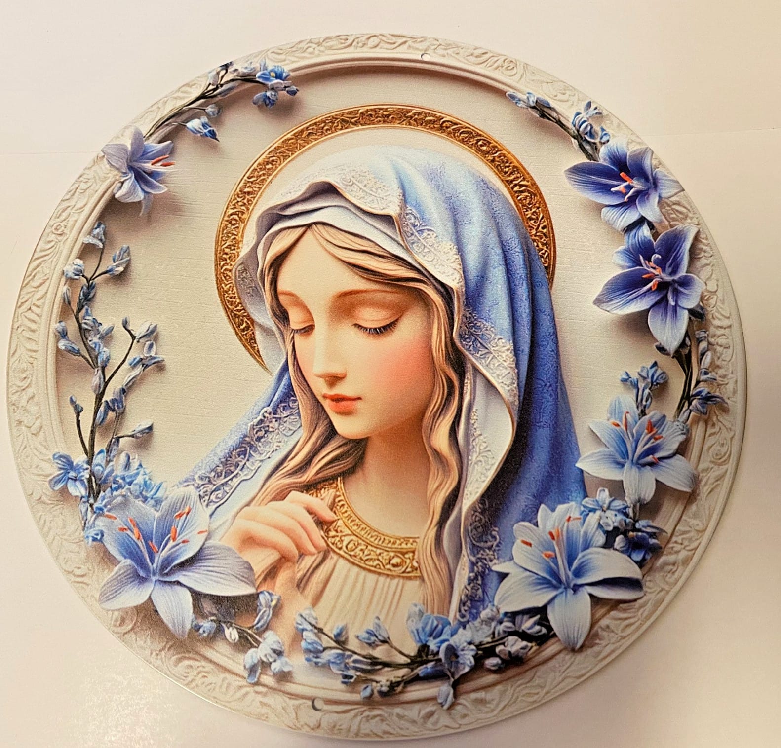 Aluminum 8-inch Virgin Mary religious image print by Bob and Penny Lord Journeys of Faith, Christian spirituality collectibles.