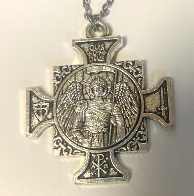 Saint Michael The Archangel Iron Cross Gold tone/Silver tone Pendant, New - Bob and Penny Lord