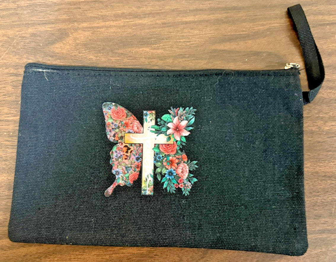 Black 2 pc Tote Bag, with a floral butterfly and cross, print, New #Gftshp-226