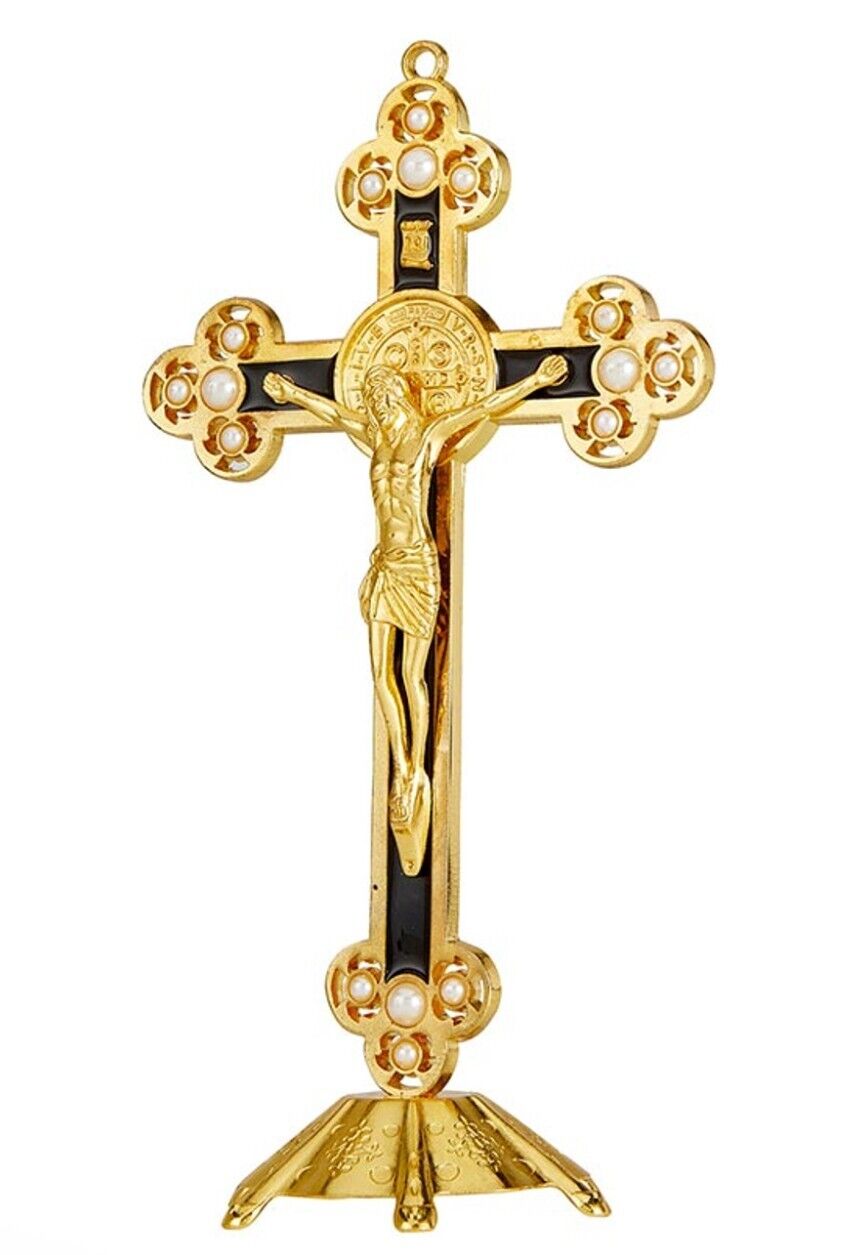 Saint Benedict Black & Gold with Pearls 8.75" Standing Crucifix, New #AB-241 - Bob and Penny Lord