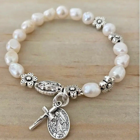 White Faux Pearl Charm Bracelet, with O.L.of the Miraculous, New #AB-387-R2