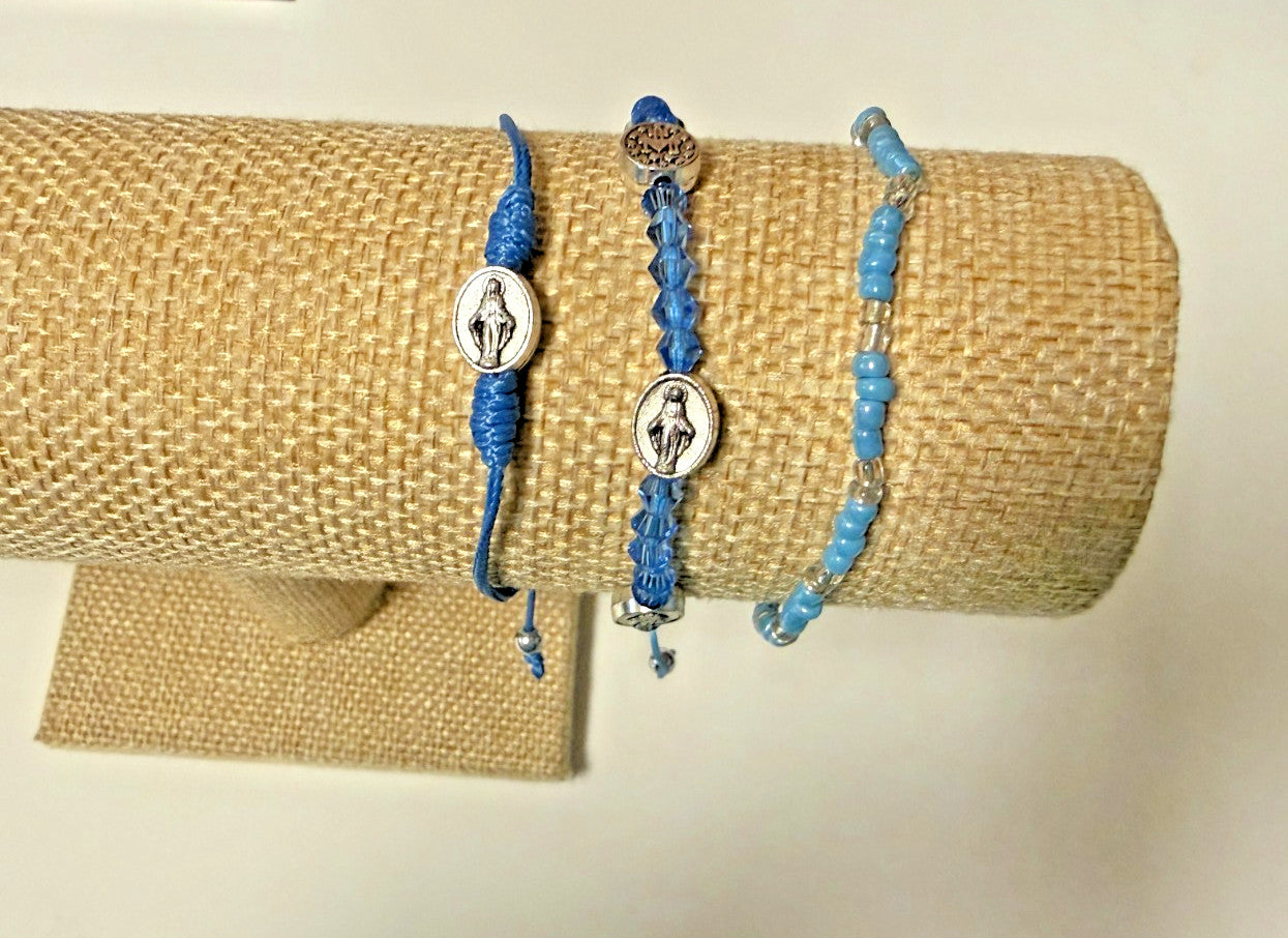 Our Lady of the Miraculous Medal 3 Pc Blue Cord Bracelets