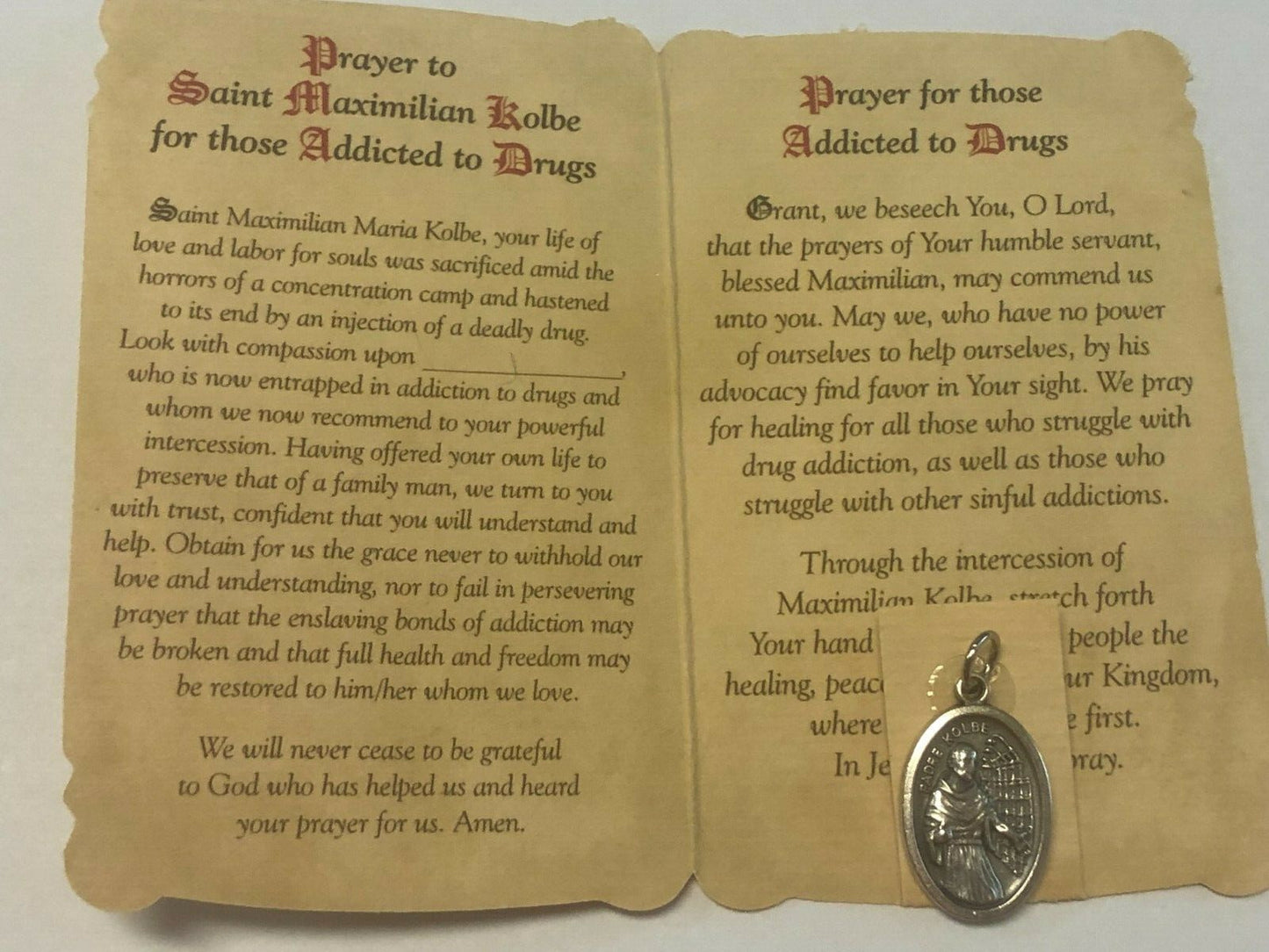 Saint Maximilian Kolbe(Patron St of Drug Addicts) Prayer Card+Medal, New#PCM-022