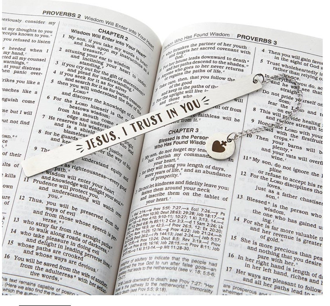 Metal Christian bookmark with "Jesus I Trust in You" inscription, featuring religious medal design by Bob and Penny Lord.