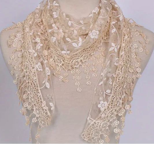 Beige lace women's church veil measuring 52 x 19 inches, made of polyester, with intricate lace detailing.