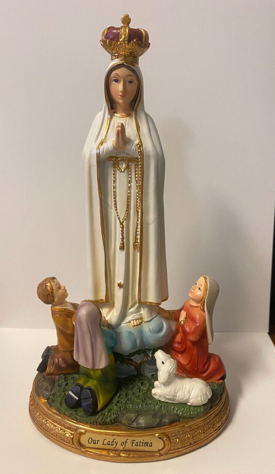 8-inch Our Lady of Fatima with Children statue by Bob and Penny Lord, detailed Christian religious collectible figure.
