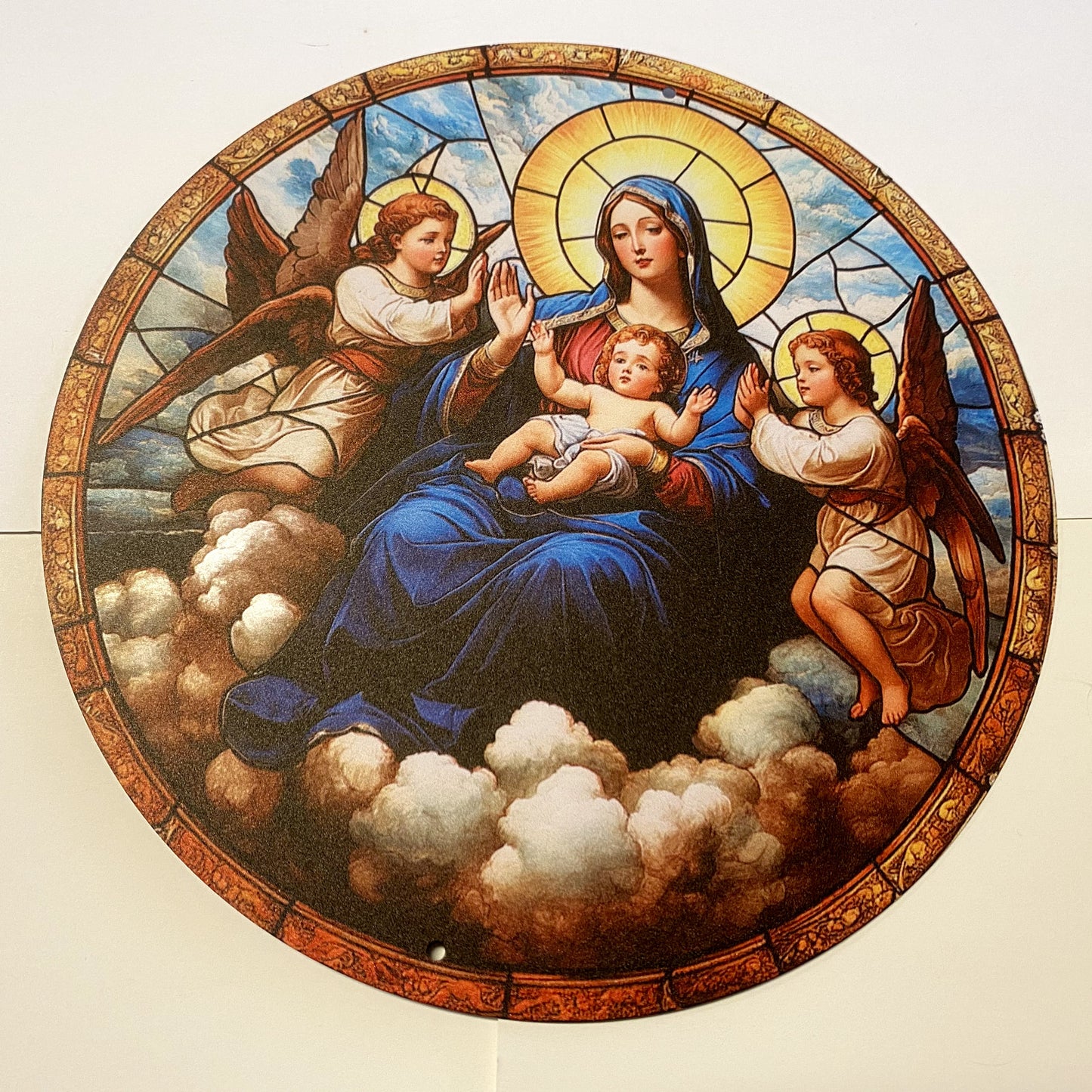 Aluminum 8-inch religious print featuring angels and the Blessed Mother, part of Bob and Penny Lord's Christianity collectibles.