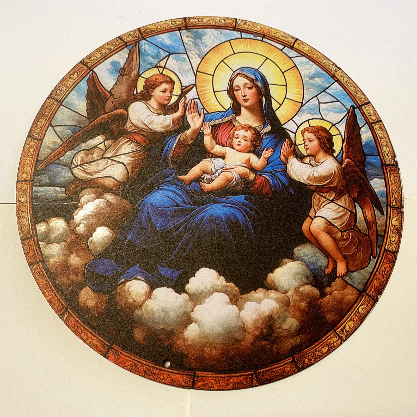 Aluminum 8-inch religious print featuring angels and the Blessed Mother, part of Bob and Penny Lord's Christianity collectibles.