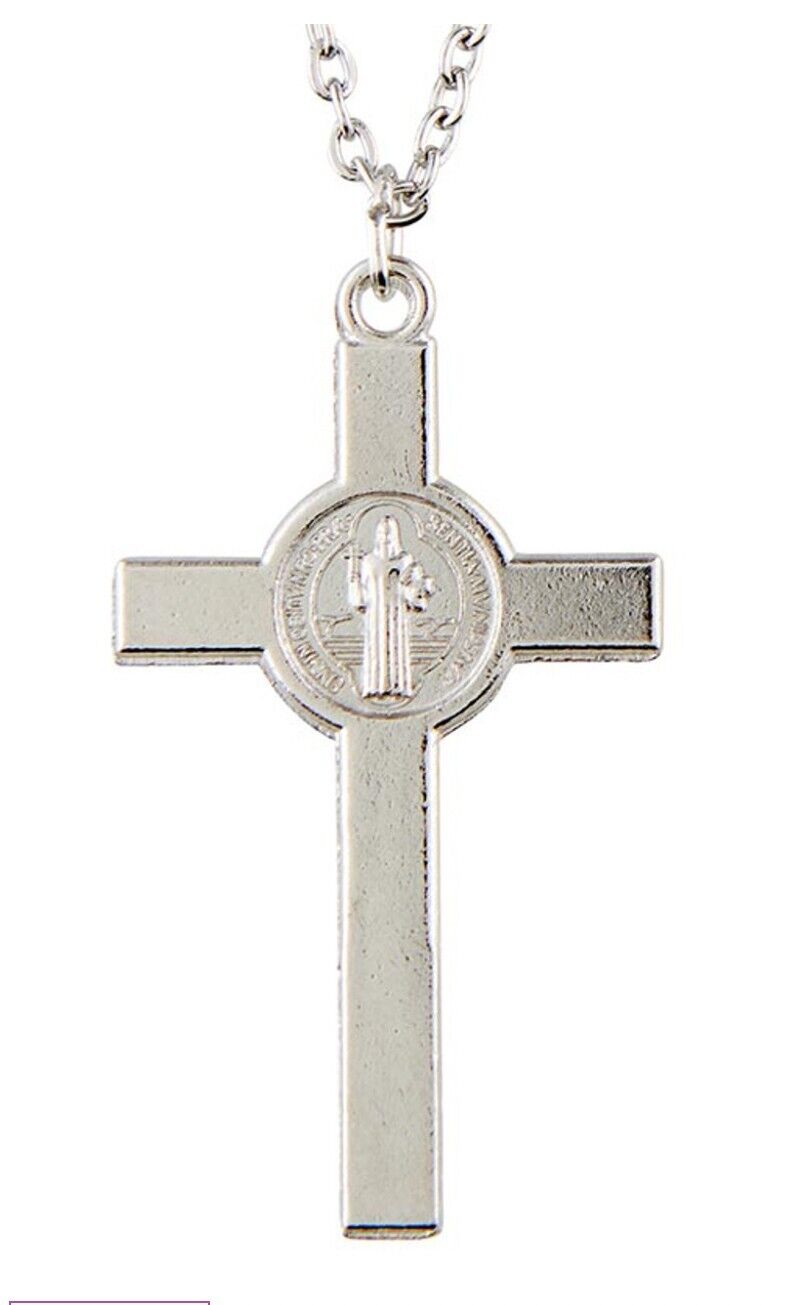 Saint Benedict Silver Crucifix  24" Necklace,  New #AB-094