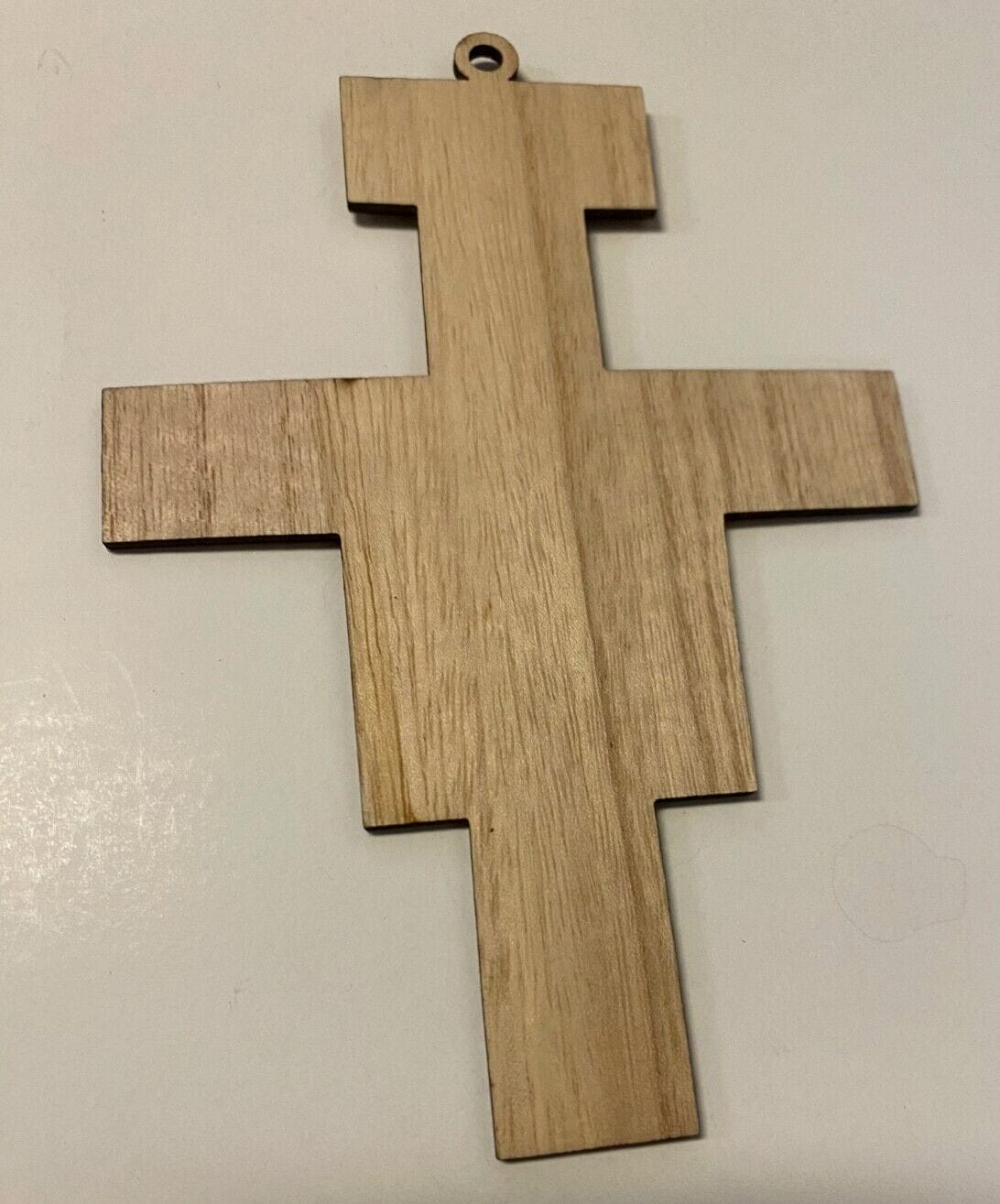 San Damiano wood crucifix by Journeys of Faith, 8-inch Christian religious cross with detailed craftsmanship and spiritual symbolism.