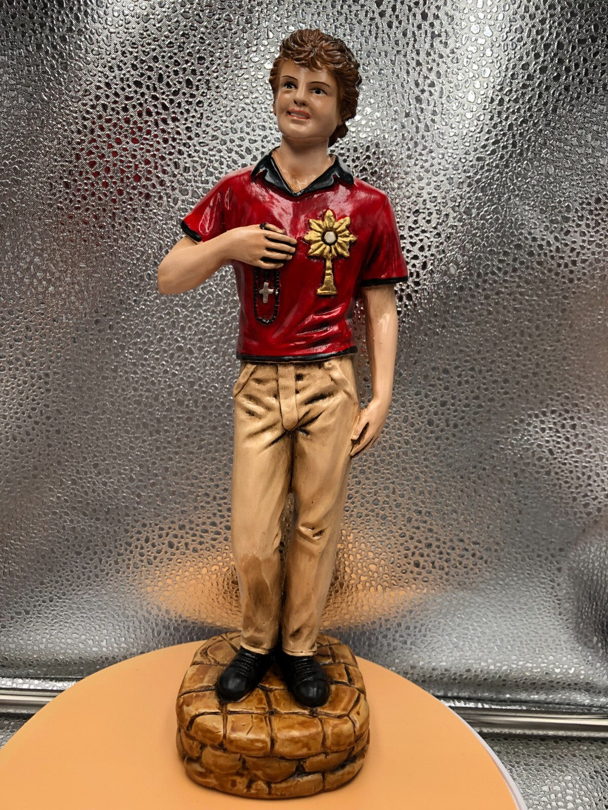 St Carlo Acutis statue, 10.5 inches, collectible Christian religious figure from Colombia, depicting St Carlo with detailed features.