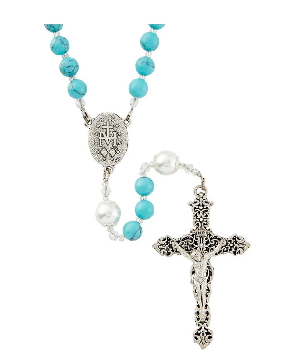 Our Lady of Grace, Aqua Blue Marble Rosary, New  #Gftshp-115 - Journeys of Faith