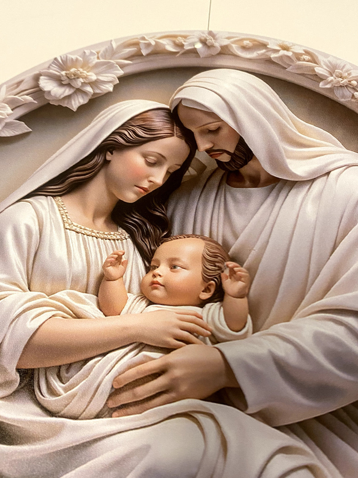 Aluminum round image of the Holy Family Nativity scene, featuring Mary, Joseph, and baby Jesus for holiday seasonal decor.