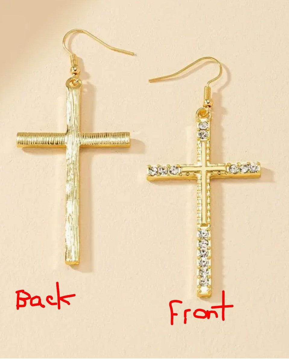 Gold 2.90-inch dangle cross zirconia earrings featuring sparkling stones and a sleek design, perfect for stylish jewelry accessories.