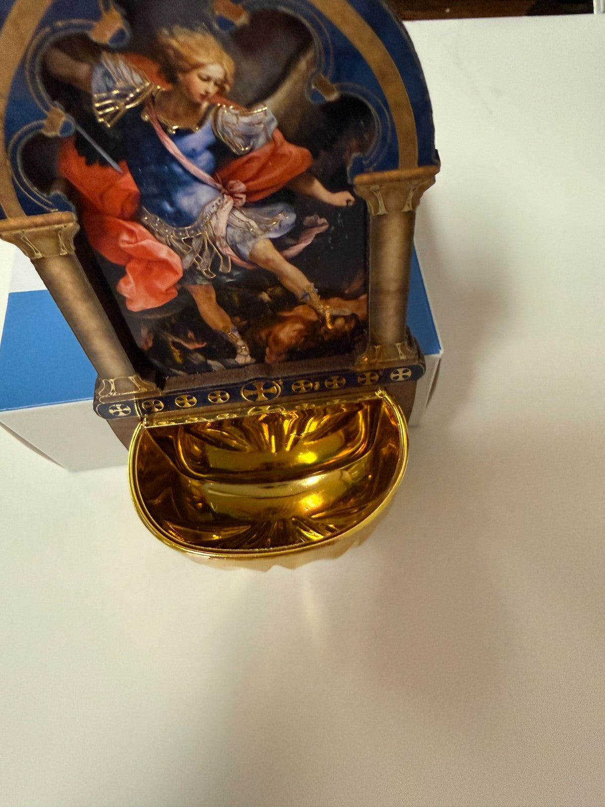 Saint Michael Laser Wood  5" Holy Water Font,  New #Gftshp-195