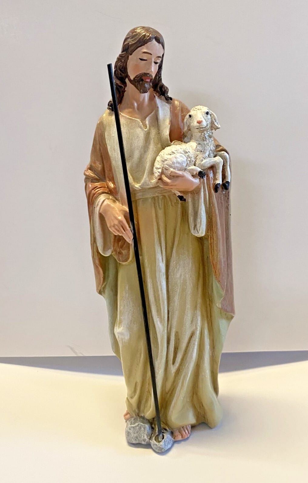 Good Shepherd 4-inch resin statue from Journeys of Faith, depicting a shepherd figure, ideal for religious collectibles and Christian decor.