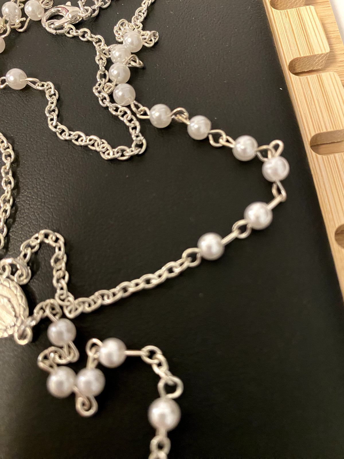 White faux pearl rosary necklace, 18 inches long, Christian jewelry with beads, from Bob and Penny Lord, ideal for religious collection.