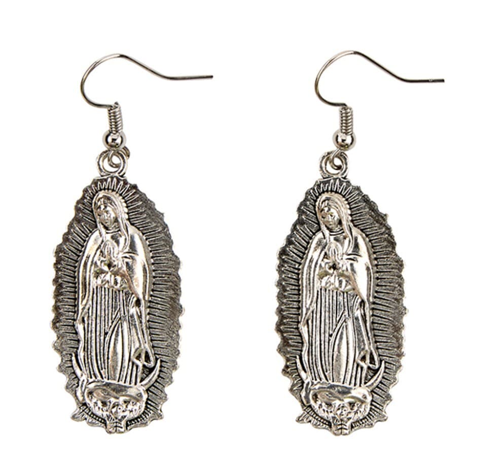 Lady of Guadalupe dangle earrings, 1.50 inches, fashion jewelry with religious design, unbranded, shown hanging with detailed artwork.