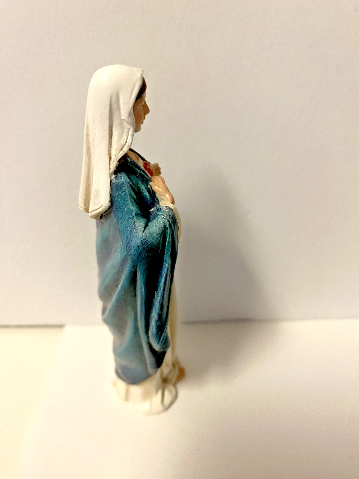 Small 4.25-inch Immaculate Heart of Mary statue by Bob and Penny Lord, with prayer card and biography, religious collectible.