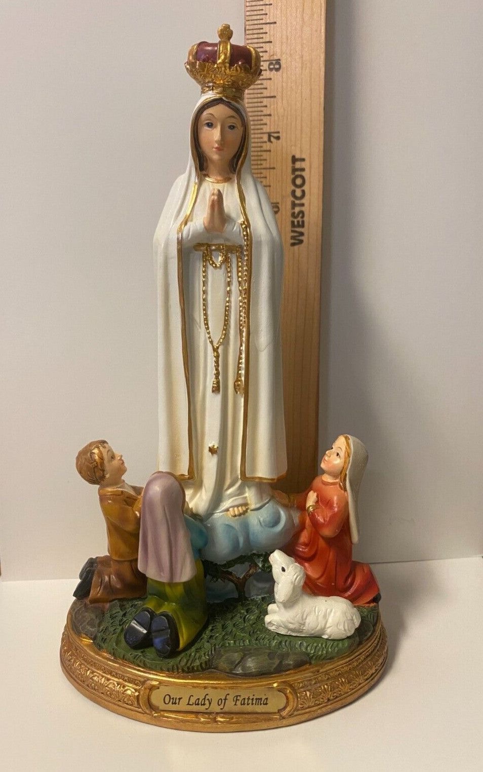 8-inch Our Lady of Fatima with Children religious statue by Bob and Penny Lord, detailed Christian spirituality collectible figure