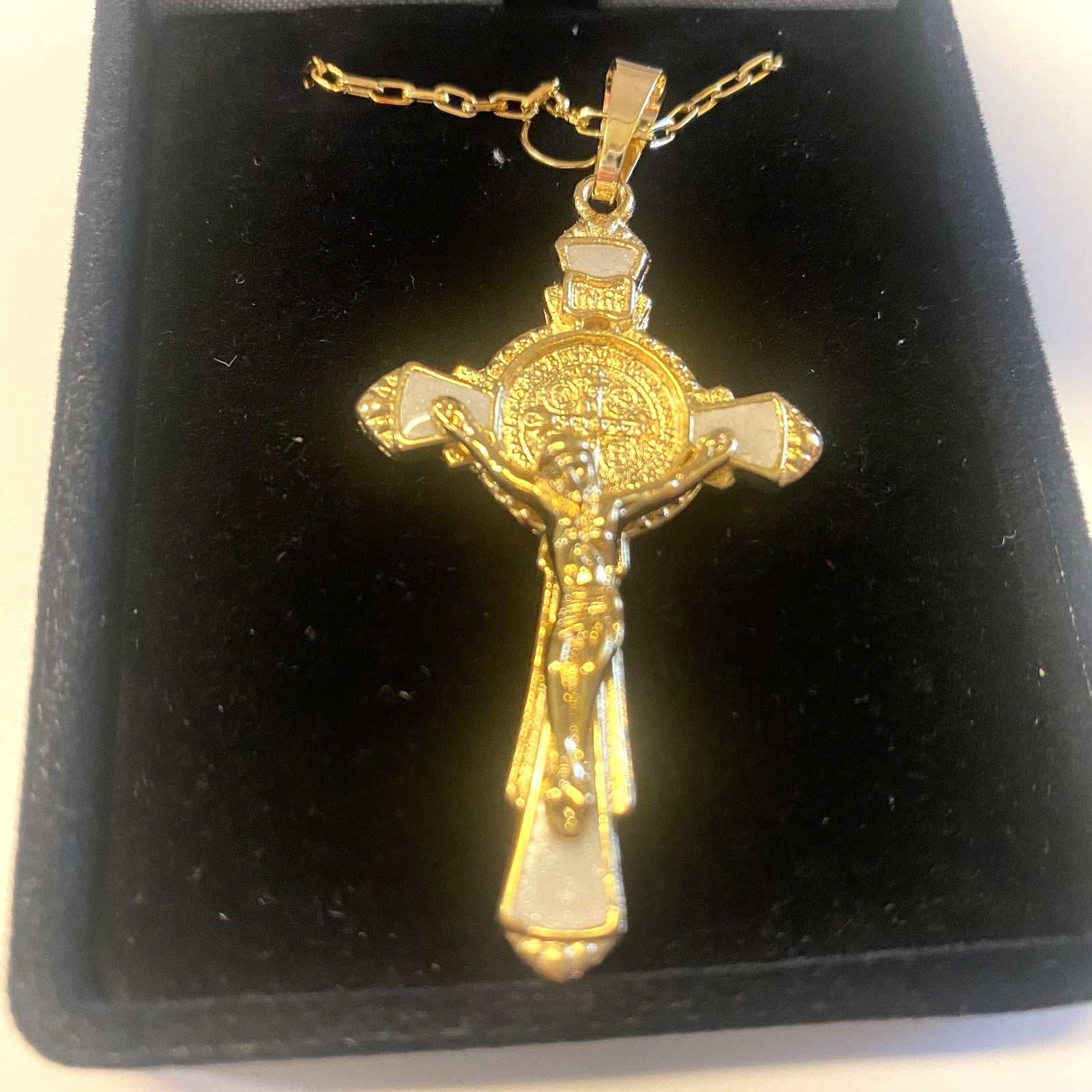 St Benedict 2.00" Crucifix, Brazilian Gold Plated 20" Necklace, New, Gftshp-16 - Journeys of Faith